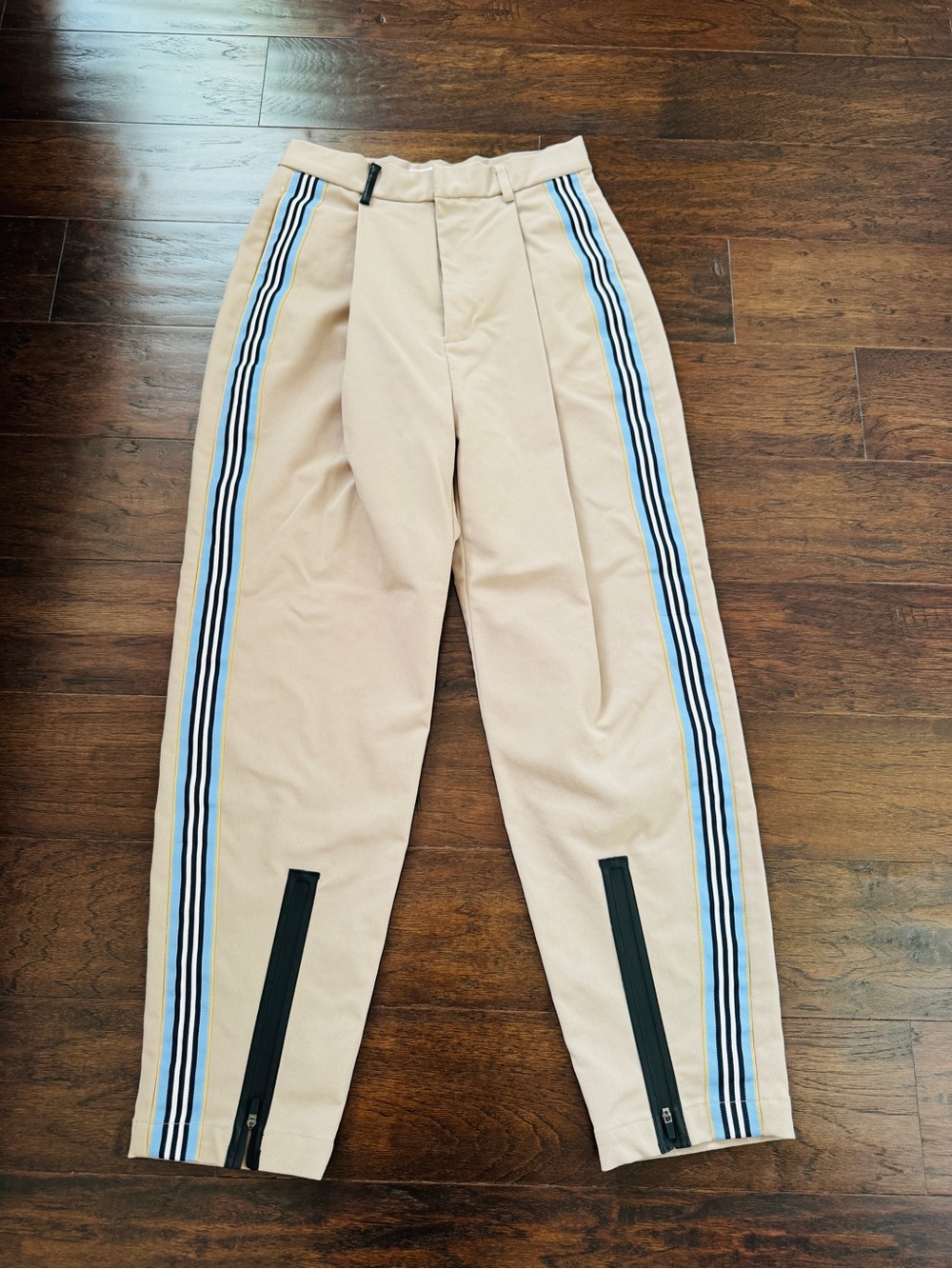 Beige Women's Track Pants with Blue & Black Side Stripes